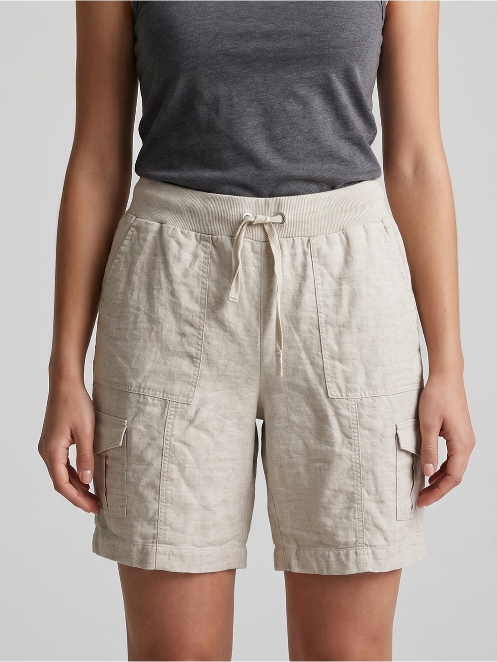 🌻Eileen Fisher Organic Linen Cargo Shorts Khaki Drawstring Summer Size M